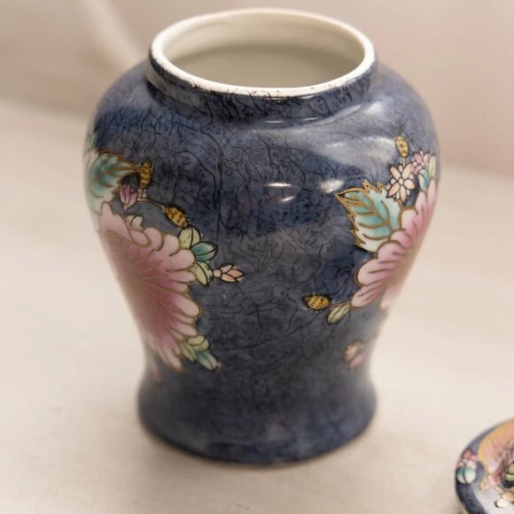 Small Blue Ceramic Lidded Ginger Jar with Gold Pink Green Floral Designs - Picture 5 of 5